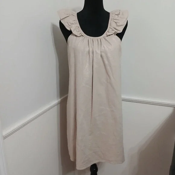 Worthington Womens Beige Gold Metallic Linen Blend Shift Dress Size 8 - Picture 2 of 8